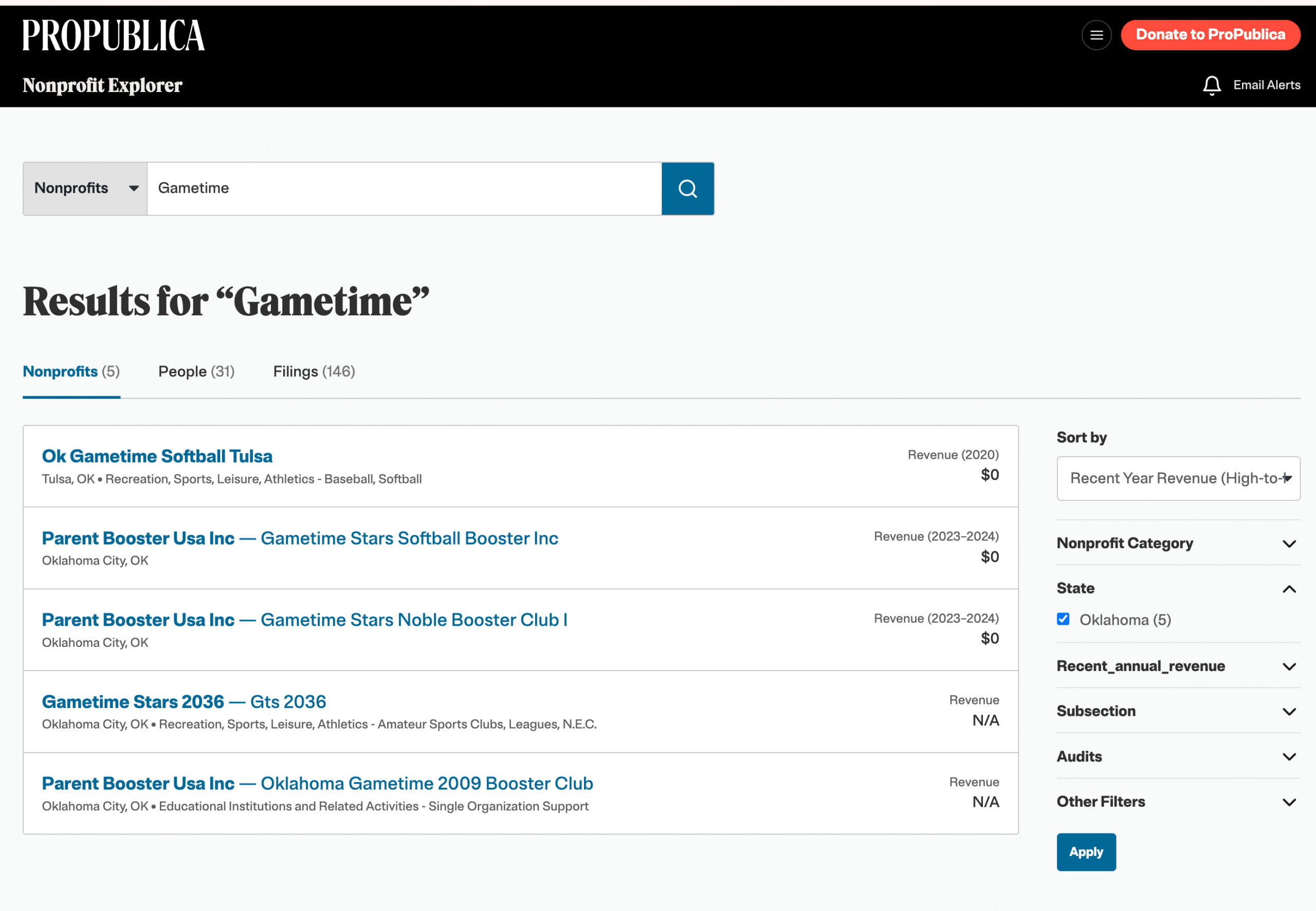 Gametime Stars ProPublica Broader Search